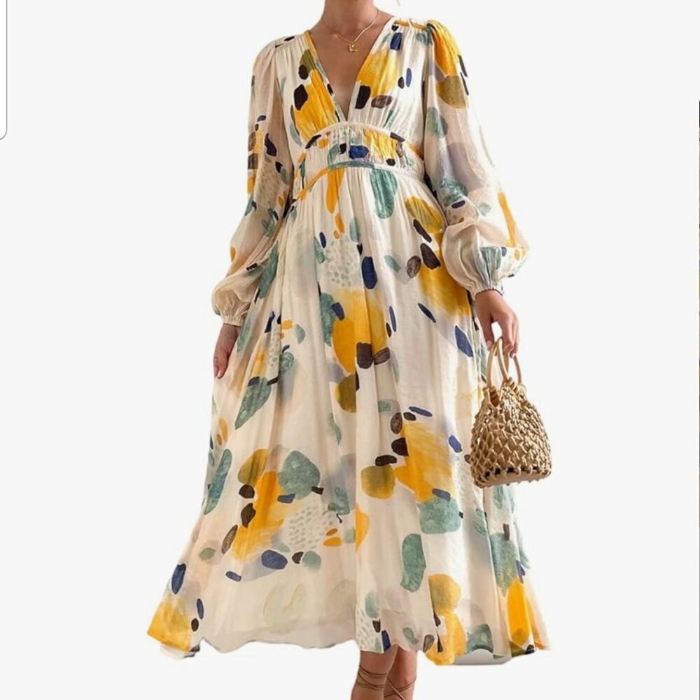 Bright Circle design lightweight long sleeve V-neck Summer dress size Small (350 - Picture 4 of 6